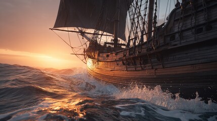 A majestic, aged sailing ship cuts through ocean waves during a vibrant sunset, its weathered hull reflecting the golden light. The powerful image evokes a sense of adventure and exploration