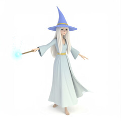 Young female wizard character with long white hair wearing blue pointed hat and flowing dress casting glowing magic spell with wand on white background