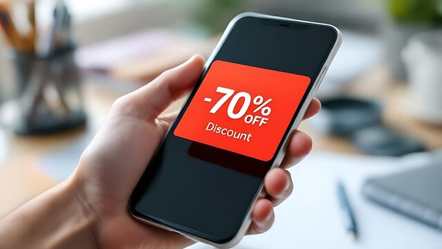 A smartphone screen shows a flash sale discount notification. Ideal for digital marketing, online shopping, and e-commerce promotion visuals