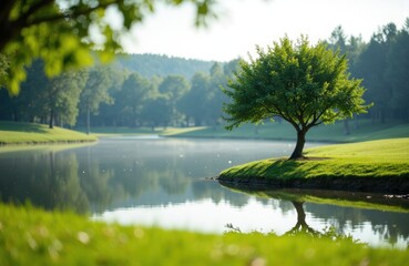 A solitary tree stands beside a calm lake in a lush green park on a sunny day