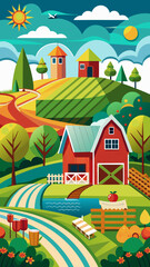 Vibrant cartoon farm landscape with red barn rolling hills and a sunny sky