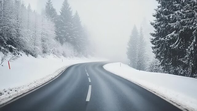 Winding road through snowy forest
