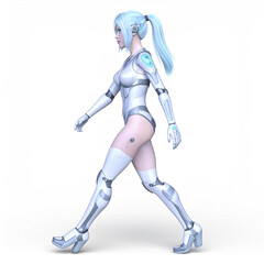 Cybernetic woman with pale blue hair in ponytail wearing futuristic white and silver armor suit walking confidently on white background