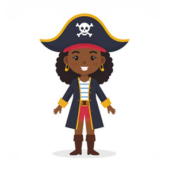Fototapeta premium Young pirate girl character smiling with curly hair wearing large hat with skull symbol, striped shirt, long coat, red pants, and boots standing on white background