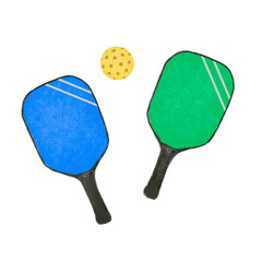 Handwriting Pickleball blue and green pair paddles with balls illustration , watercolor, outdoor sports	