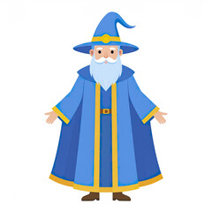 Wizard character illustration with long white beard and blue robe, wearing pointed hat and open arms, magical fantasy figure on white background