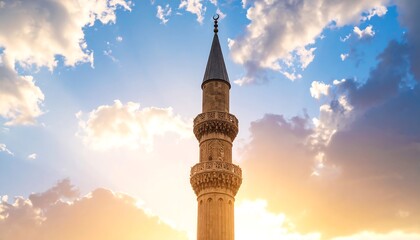 Mosque minaret against a dramatic sunset sky