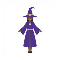 Young wizard character illustration wearing purple robe and pointed hat with yellow belt smiling with dark skin and curly hair on white background