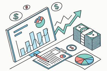 Visual representation of financial analysis with graphs, data reports, and cash in an office setting reflecting business performance and growth strategies