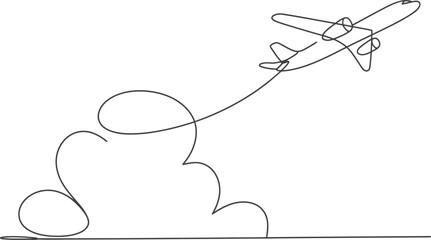 Minimalist single line drawing of an airplane flying through clouds
