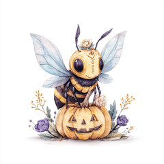 Golden bee in bat wings sitting on jack-o'-lantern &mdash; spooky sweet autumn insect