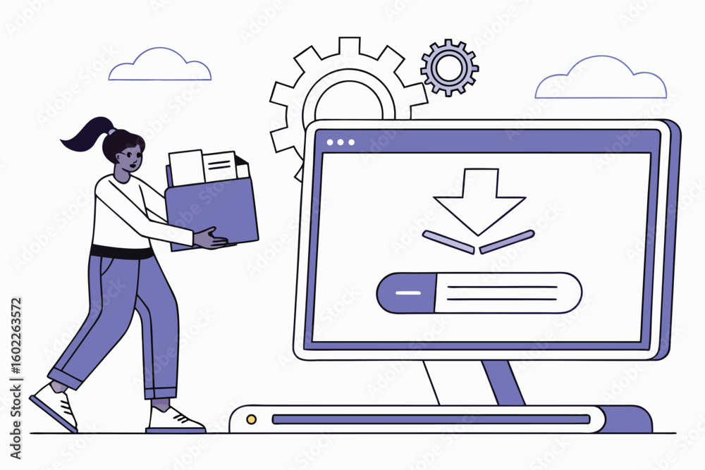 Fototapete person carrying a box towards a computer screen with a download button and gears in a minimalist des