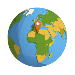 3D globe with location pin world map continents ocean navigation travel concept colorful earth model geographic marker blue sea green land