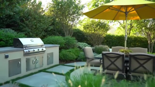 Outdoor kitchen patio with BBQ grill and yellow umbrella seating area