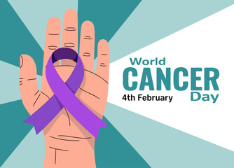 Cancer Awareness with Purple Ribbon and Hand Illustration on 4th February