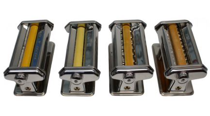Four stainless steel pasta machines, showing dough rollers
