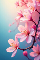 Pink cherry blossom flowers bloom on branch with soft blue sky background, evoking fresh spring and delicate beauty