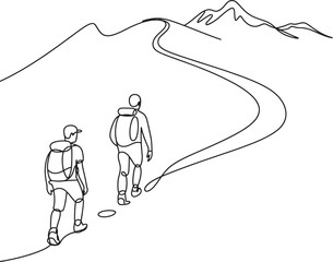 Two hikers with backpacks ascend a winding mountain path towards a distant peak
