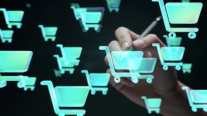 Hand Interacting with Blue Shopping Cart Icons on a Dark Background Using Stylus for Digital Shopping Experience - Powered by Adobe