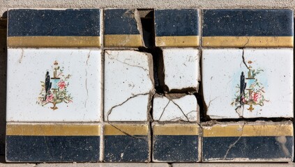Cracked vintage ceramic tiles with floral designs