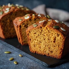Slices of moist, golden-brown pumpkin bread, speckled with pumpkin seeds, rest on a dark slate serving board against a dark backdrop.  The bread has a slightly crumbly texture