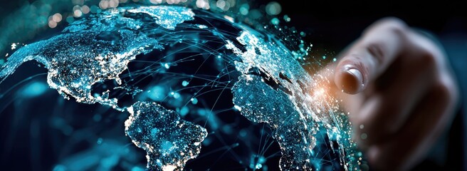 Global network, digital earth, hand pointing