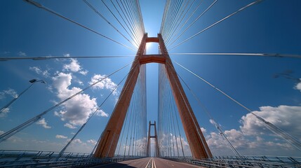 Fototapeta premium Upward Shot of Cable - Stayed Bridge, Sunlight Penetrating Tower and Cables