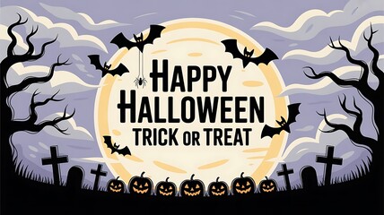 Happy Halloween: Spooky Night Scene with Bats, Pumpkins, and Graveyard Silhouettes