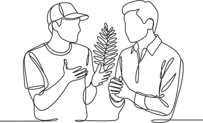 Two men in a line drawing holding a plant together