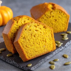 Two slices of moist pumpkin bread, golden-brown and crumbly, rest on a dark slate slab alongside a small whole pumpkin and scattered pumpkin seeds