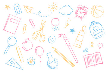 a set of back to school icons, colorful chalk drawings