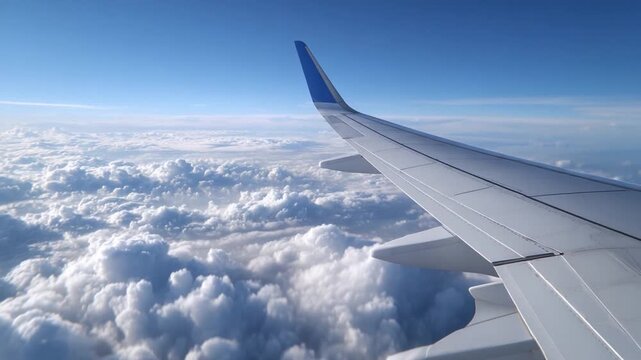 Aviation Above the Clouds: The aircraft wing cuts across a vast expanse of cumulus clouds against a vibrant blue sky, signifying the zenith of aviation and travel.