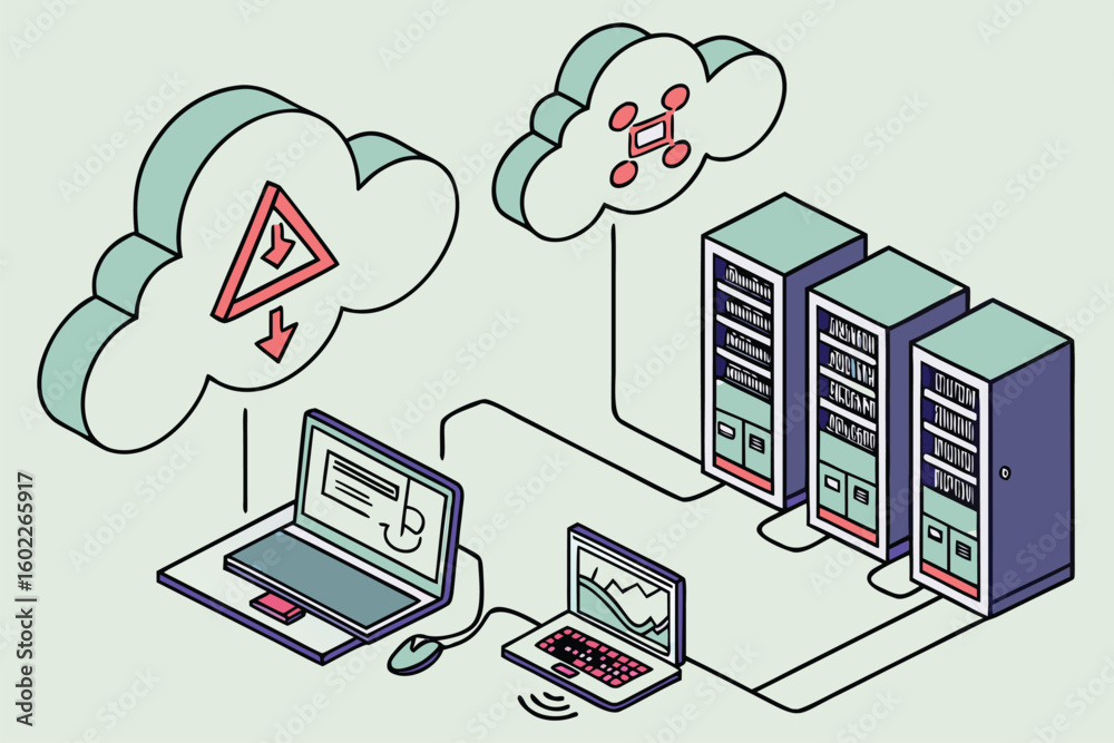 Aufkleber digital network illustration showcasing data transfer between cloud storage and local devices with a