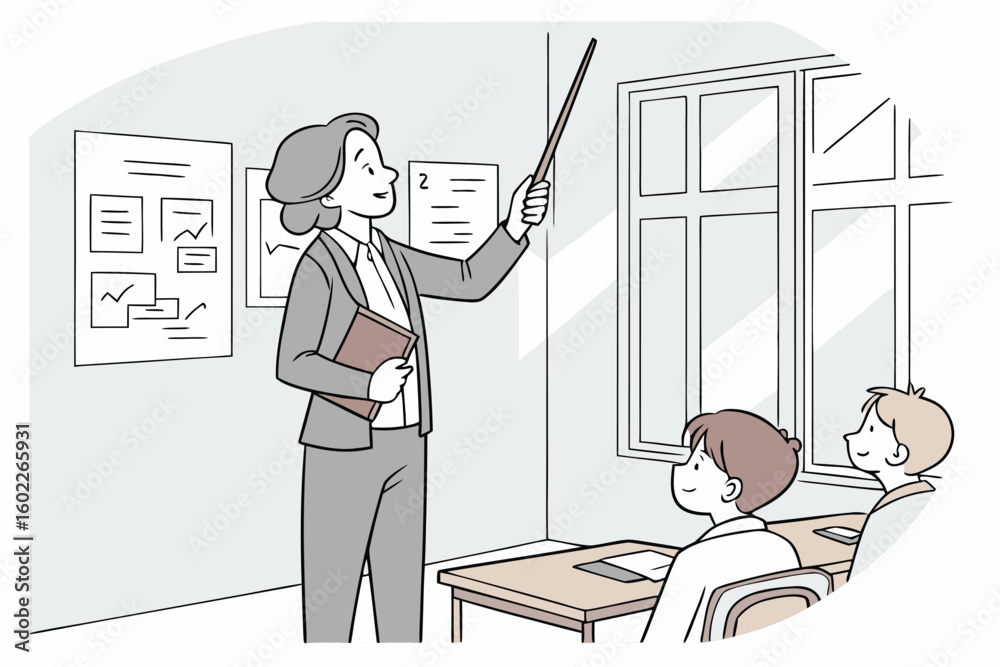 Poster teacher conducts a lesson with students in classroom setting during daytime while using a pointer to