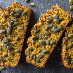 Three slices of pumpkin bread, speckled with pumpkin seeds, rest on a dark gray surface.  The bread is golden-brown, moist-looking, and appears freshly baked