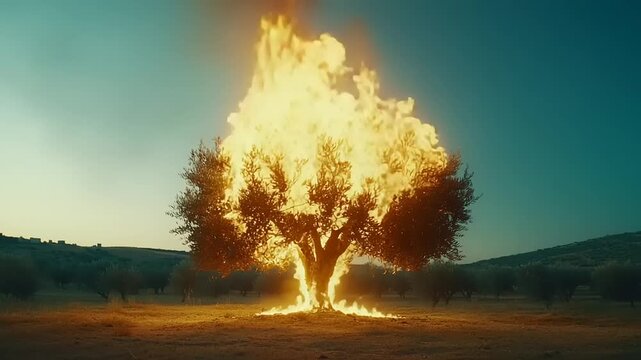 Burning olive tree in a field