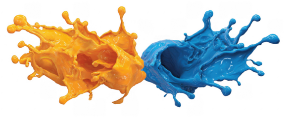 Orange and blue liquid splashes colliding