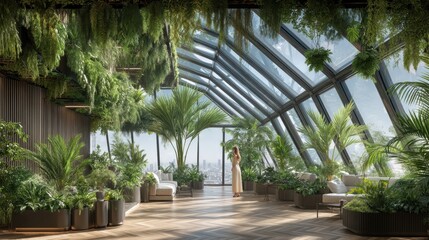 Fototapeta premium Modern indoor garden with glass ceiling and lush plants