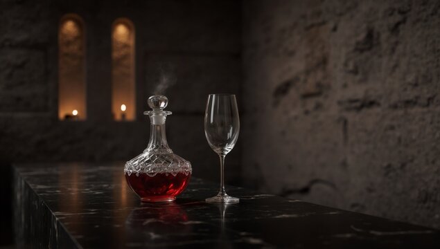 Crystal decanter and glass with red liquid in atmospheric setting