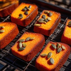 Eight golden-brown rectangular slices of pumpkin bread, speckled with pumpkin seeds, cool on a wire rack in bright sunlight