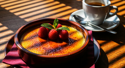 Close-up Cambridge burnt cream dessert delicate golden sugar crust decorated raspberries and mint leaves, dessert table with espresso, natural sunlight through blinds, appetizing dessert aesthetics
