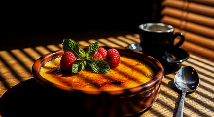 Creme brulee popular French dessert on table in cafe with cup of espresso, close-up of favorite dessert made cream decorated with fresh berries and mint leaves, streaks from bright sun through blinds