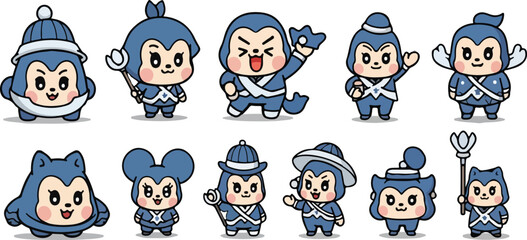 Kawaii Blue Warrior Mascot Set