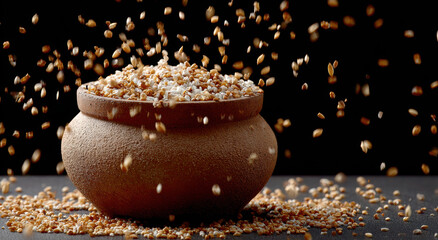 Rustic clay pot overflows with popcorn kernels, captured mid air against dark background, creating dynamic and lively scene