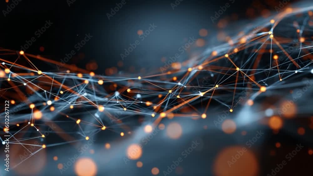 Poster digital network abstraction: an intricate web of interconnected nodes glows with digital energy, ill