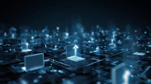 Cybernetic Nexus: A futuristic display of interconnected laptops and flowing data streams, conveying the essence of seamless technological integration and global connectivity.