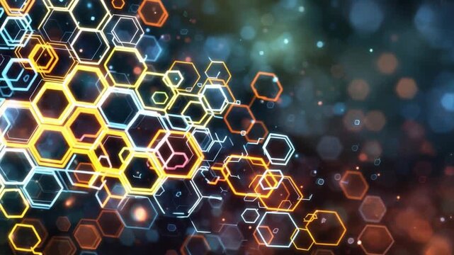 Abstract Hexagonal Composition: A vibrant and dynamic artwork featuring an intricate array of interconnected hexagonal cells, illuminated with a captivating interplay of light and color.