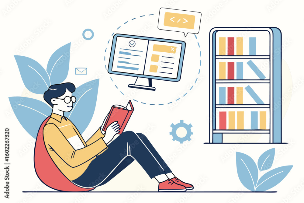 Poster person reading a book while studying computer concepts with a bookshelf in a cozy learning environme