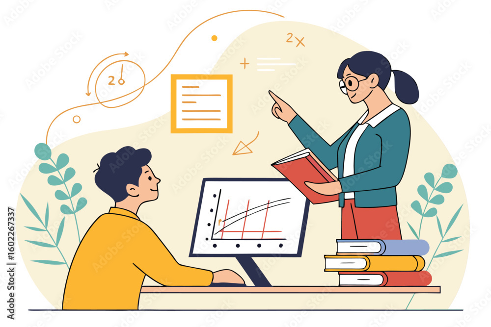 Aufkleber discussion on data analysis techniques between a man and a woman in a modern workspace with a comput