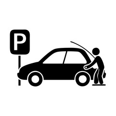Graphic illustration of a person loading luggage into car at parking zone